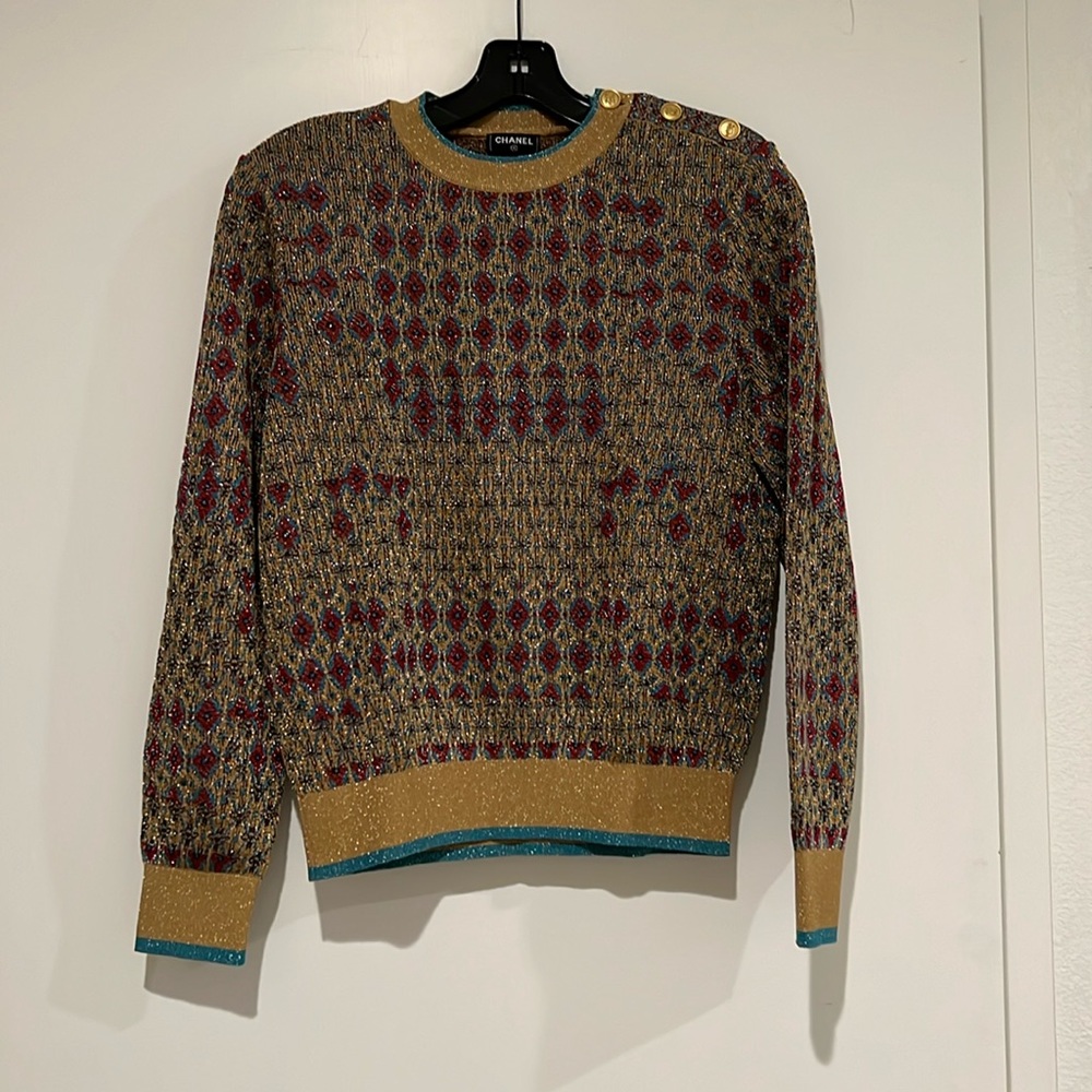 Chanel sweater size 38 gold, red and turquoise. Cost $2900
